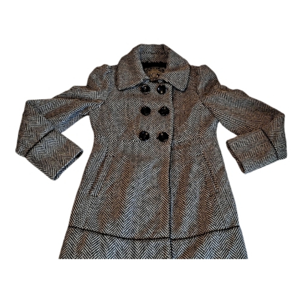 Guess Black and White Herringbone Pea Coat